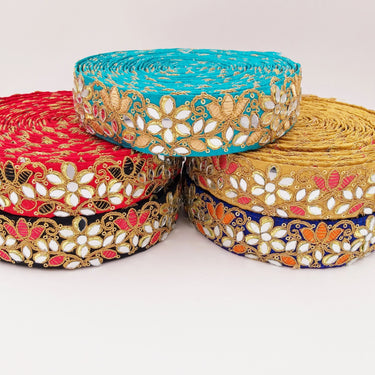Beige Decorative Art Silk Fabric Trim, Mirrored Floral Embroidery, Embroidered Trim In Salmon Pink and Gold Approx. 40 mm Indian Laces